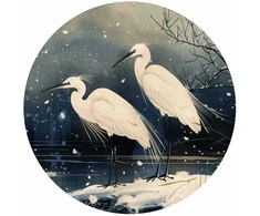 Artgeist Apvalus fototapetas - Herons over a winter pond - Japanese-style illustration in dark colours