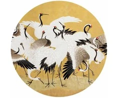 Artgeist Apvalus fototapetas - Japanese cranes - a flock of birds against a golden background based on a painting by Ishida Yūtei