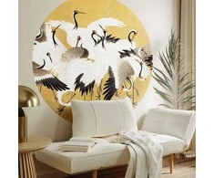Artgeist Apvalus fototapetas - Japanese cranes - a flock of birds against a golden background based on a painting by Ishida Yūtei