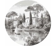 Artgeist Apvalus fototapetas - Juodas and baltas vintage landscape with a pond