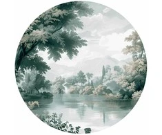 Artgeist Apvalus fototapetas - Landscape with a park and lake in retro greens