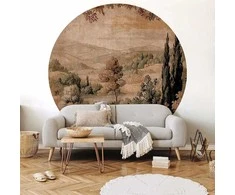 Artgeist Apvalus fototapetas - Mediterranean landscape - old tapestry with a hill and a lake