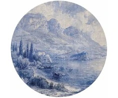 Artgeist Apvalus fototapetas - Mėlyna bay - Italian landscape of Lake Como painted with mėlynas ink