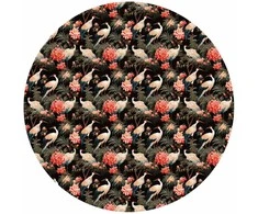 Artgeist Apvalus fototapetas - Ornament with birds – silhouettes of cranes and peony flowers on a dark background