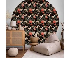 Artgeist Apvalus fototapetas - Ornament with birds – silhouettes of cranes and peony flowers on a dark background