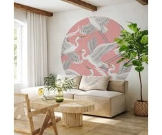 Artgeist Apvalus fototapetas - Pastel birds – a delicate pattern of baltas and pilkas herons on a light pink background