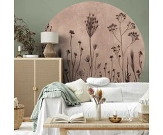 Artgeist Apvalus fototapetas - Wildflowers – juodas plants on lime-wash background