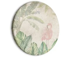 Artgeist Apvalus paveikslas ant drobės - Birds wading among exotic flora - Flamingos amidst lush tropical vegetation in soft pastel shades of žalias/Birds in the jungle