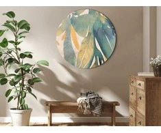 Artgeist Apvalus paveikslas ant drobės - Watercolor exotics - Hanging delicate tropical plants in colors of žalias and yellow on a beige background