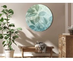 Artgeist Apvalus paveikslas ant drobės - Large Leaves in Shades of Žalias-Mint: Botanical Motif