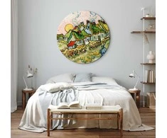 Artgeist Apvalus paveikslas ant drobės - Vincent van Gogh – Thatched Cottages in the Sunshine Reminiscence of the North