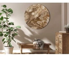 Artgeist Apvalus paveikslas ant drobės - Floral Ornaments Carved in Delicate Sepia and Brown Shades