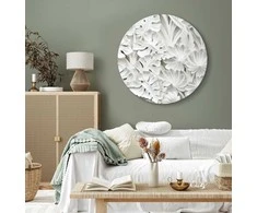 Artgeist Apvalus paveikslas ant drobės - Carved Nature - Pattern With Baltas Leaves Made of Stone
