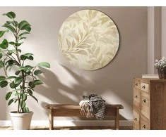 Artgeist Apvalus paveikslas ant drobės - Botanical Motif with Leaves and Vines in Sand Colors