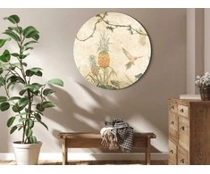 Artgeist Apvalus paveikslas ant drobės - Tropics in muted colors - Parrots and pineapples amidst lush exotic flora in soft shades of žalias