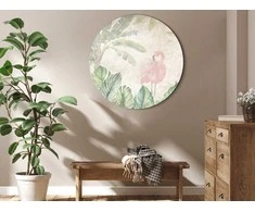 Artgeist Apvalus paveikslas ant drobės - Birds wading among exotic flora - Flamingos amidst lush tropical vegetation in soft pastel shades of žalias