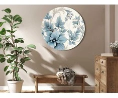 Artgeist Apvalus paveikslas ant drobės - Turquoise Flowers in Retro Ambience Floristic Ornaments