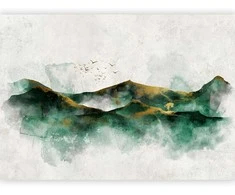 Artgeist Fototapetas - Abstract landscape - žalias mountains with golden patterns and birds