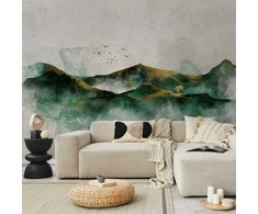 Artgeist Fototapetas - Abstract landscape - žalias mountains with golden patterns and birds
