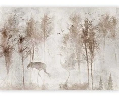 Artgeist Fototapetas - Among the trees - landscape in pilkas tones in fog in a clearing with birds