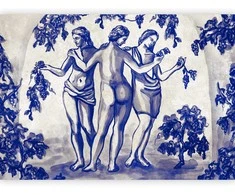 Artgeist Fototapetas - Ancient vineyard - three women in a portal painted with mėlynas ink