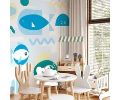 Artgeist Fototapetas - Animals in the sea - geometric mėlynas fish in water for kids