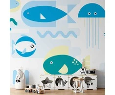 Artgeist Fototapetas - Animals in the sea - geometric mėlynas fish in water for kids