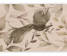 Artgeist Fototapetas - Bird among the leaves - floral motif with a flying peacock in cool tones
