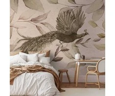 Artgeist Fototapetas - Bird among the leaves - floral motif with a flying peacock in cool tones