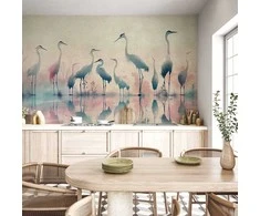 Artgeist Fototapetas - Birds by the lake - herons painted in watercolour in delicate pilkas and pink colours