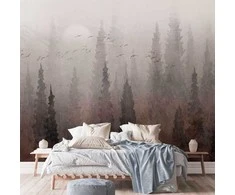 Artgeist Fototapetas - Bird's flight over treetops - landscape of a dark forest in fog