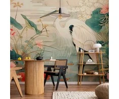 Artgeist Fototapetas - By an Asian pond - an illustration in the style of a Japanese engraving, depicting a heron