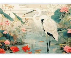 Artgeist Fototapetas - By an Asian pond - an illustration in the style of a Japanese engraving, depicting a heron