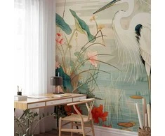 Artgeist Fototapetas - By an Asian pond - an illustration in the style of a Japanese engraving, depicting a heron