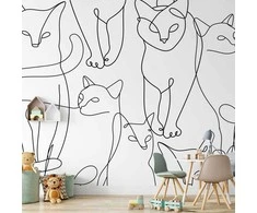 Artgeist Fototapetas - Cat lineart - minimalist sketches of juodas cats on baltas background