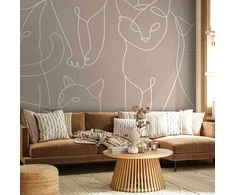 Artgeist Fototapetas - Cat lineart - minimalist sketches of baltas cats on beige background