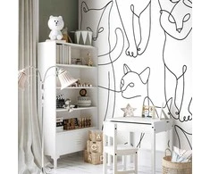 Artgeist Fototapetas - Cat lineart - minimalist sketches of juodas cats on baltas background