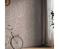 Artgeist Fototapetas - Cat lineart - minimalist sketches of baltas cats on beige background
