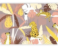 Artgeist Fototapetas - Cheetahs in the jungle - landscape with exotic animals with palm trees for children