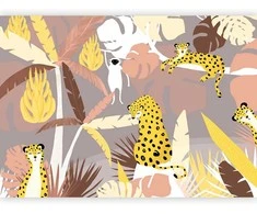 Artgeist Fototapetas - Cheetahs in the jungle - landscape with exotic animals with palm trees for children