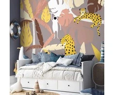 Artgeist Fototapetas - Cheetahs in the jungle - landscape with exotic animals with palm trees for children