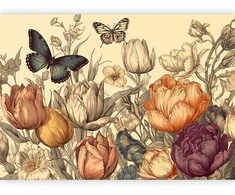 Artgeist Fototapetas - Colourful tulips on a cream background