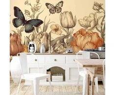 Artgeist Fototapetas - Colourful tulips on a cream background