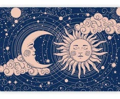 Artgeist Fototapetas - Cosmic Harmony - Illustration of the Sun and Moon on a Navy Background