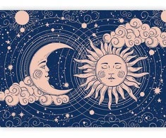 Artgeist Fototapetas - Cosmic Harmony - Illustration of the Sun and Moon on a Navy Background