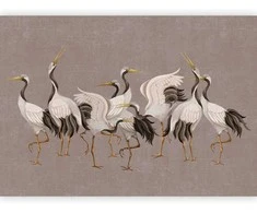 Artgeist Fototapetas - Crane dance – bright silhouettes of birds against a warm pilkas background with texture