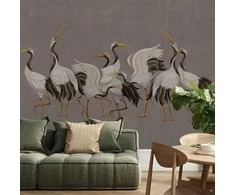 Artgeist Fototapetas - Crane dance – bright silhouettes of birds against a warm pilkas background with texture