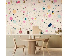 Artgeist Fototapetas - Dots Speckles and Splatters Multicolored Cheerful Pattern on a Light Rožinė Background