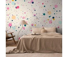 Artgeist Fototapetas - Dots Speckles and Splatters Multicolored Cheerful Pattern on a Light Rožinė Background