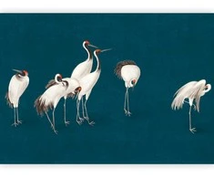 Artgeist Fototapetas - Evening by the pond - a group of cranes drawn in dry pastel on a dark turquoise background